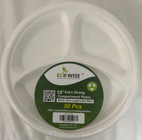 50-Pack 10" Bagasse 3-Compartment Plates: Eco-Friendly Serving Solution for Any Occasion EC0126 Origin manufacturing